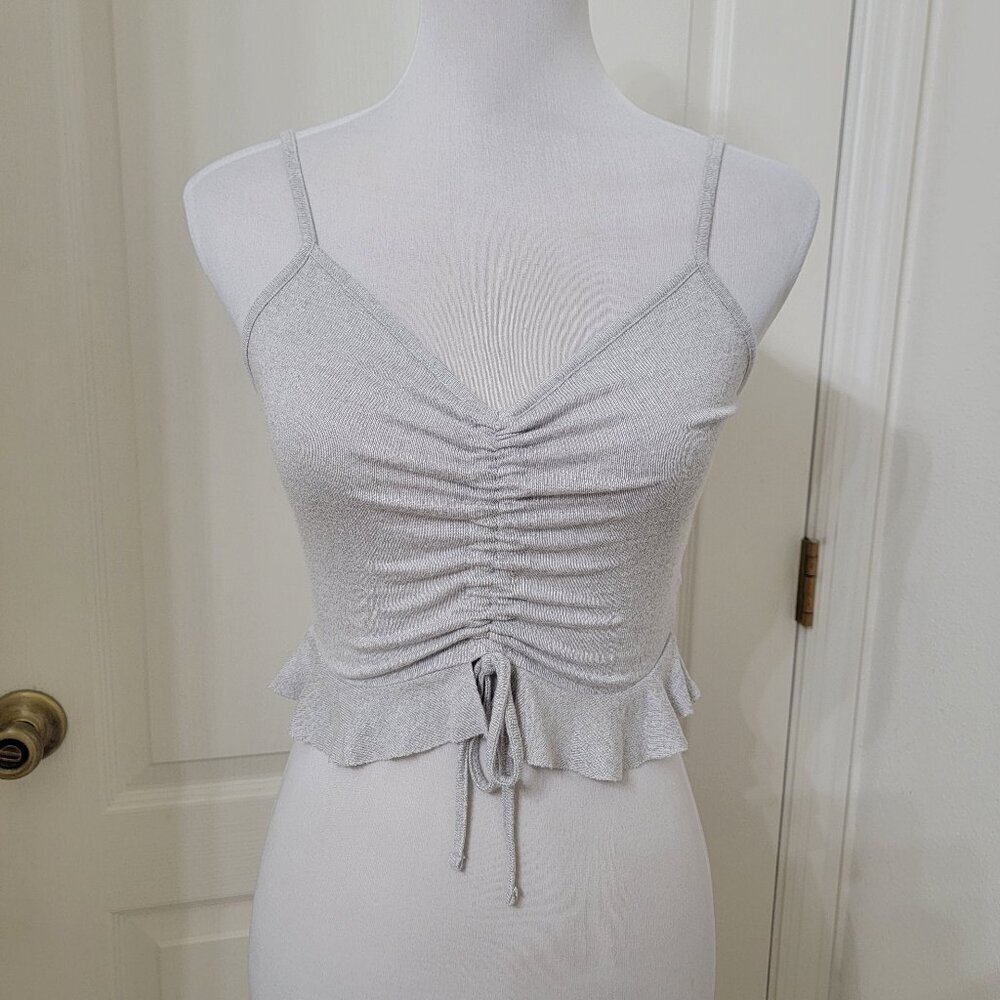 Garage Size S Gray Knit Cropped Halter Top, Ruffled Hem, Drawstring Center
